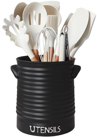 Karisky Kitchen Utensil Holder for Countertop, 6.4 Large Ceramic Utensil Crock with Cork Mat, Handles, Modern Cooking Tool Spatula Organizer for Kitchen Counter Decor, Matte Black