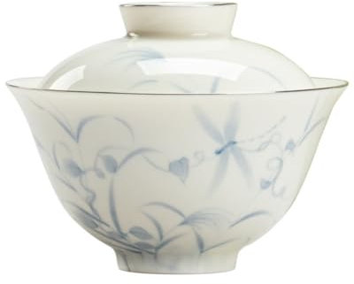 VEXDOSLE Teetasse, weißes Porzellan, handbemalt, mit Deckel, Teeschale, Teetasse, handgefertigt, Jade-Porzellan, Zuhause, 120 ml, Kung-Fu-Teetasse, Teetasse
