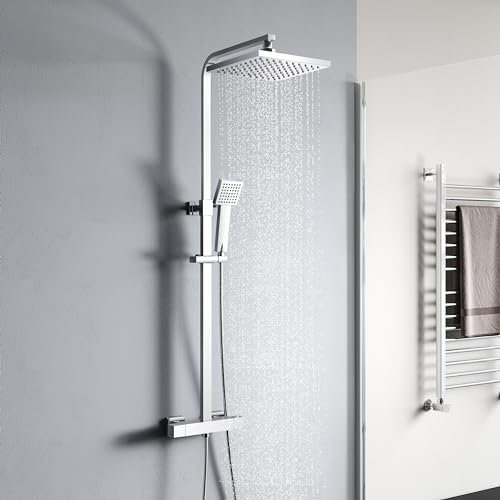 YOOZENA Shower Mixer Set,Adjustable Height Thermostatic Shower Set with Rainfall Shower Head, Thermostatic Shower Mixer,Shower System for Bathroom,Chrome