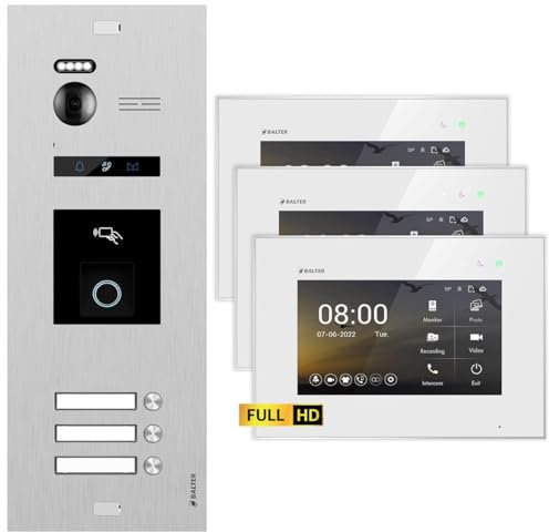 BALTER EVO HD Video Türsprechanlage mit Fingerprint Silber/Weiß 3 Familienhaus Set 3x 7 LCD Monitor