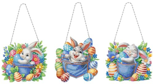 Starnearby 3 Stück DIY Diamond Painting Ostern Kaninchen Anhänger mit Kette 5D Diamant Painting Fensterbilder Einseitig Diamant Malerei Kranz Set für Fenster Wand Und Eingang Decor