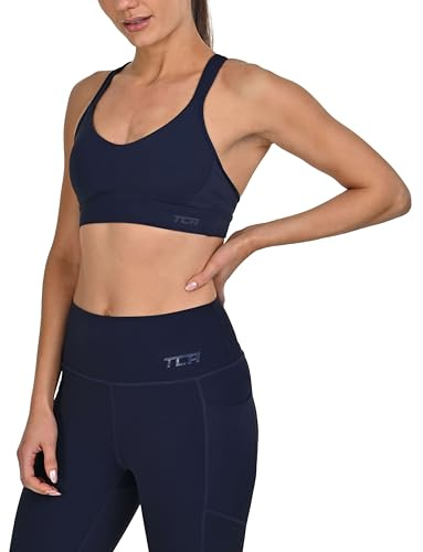 TCA Sportbh för kvinnor - dam fitness sport yoga gym topp - vadderad bh med justerbara axelband - medium och hög påverkan sport-topp - avtagbar vaddering, Mörkblå, M