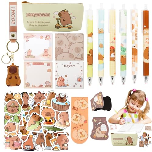 Capybara Schreibwaren Set Kinder- Süßes Schulbedarf Federmäppchen Cartoon Bürobedarf Mädchen Stiften Kugelschreiber Schlüsselanhänger Lesezeichen Aufkleber Geschenk Einschulung Mitgebsel Schulanfang