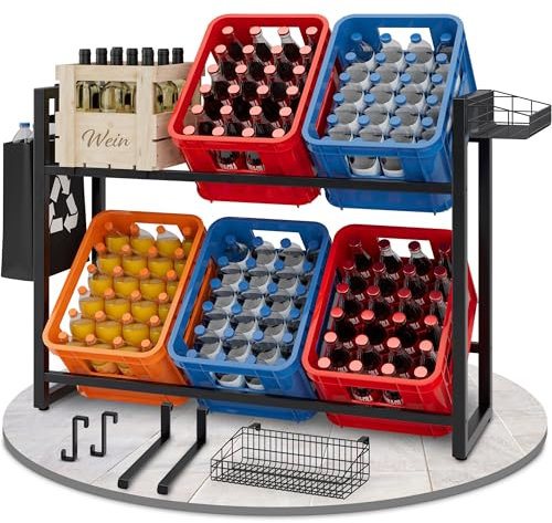 TTL Home Getränkekistenregal Erik für 6 Kisten - Getränkekistenhalter sehr stabil + viel Zubehör - Metall schwarz pulverbeschichtet - Getränkeregal 6 Kästen mit Haken, Bodenschienen und Korb-Halter