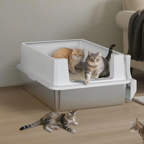 MIXJOY XXXL Stainless Steel Cat Litter Tray, Cat Litter Box, 71x51x31cm | with 31cm High Sided, 71cm Metal Extra Large Litter Box with Detachable Lid for Big Cats/Multiple Cats, with Litter Scoop