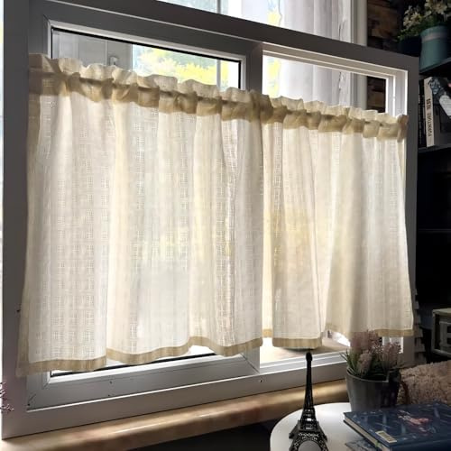 Yaland Küchenvorhang Landhausstil Leinen Mix mit GewebestrukturTüllvorhang mit Sichtschutz Bistrogardine Küchengardine Stangendurchzug Kleinfenster 1 Stück HxB 70x150cm