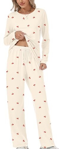 Rapbin pyjamas dam lång pyjamas-set, tvådelat nattkläder, loungewear dam, sovtopp och pyjamasbyxor med fickor, Aprikos körsbärsmönster, XL