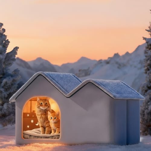 Isoliertes Katzenhaus für den Außenbereich, thermischer Winter-Haustierschutz mit wasserdichtem Design, 3 Größen M/L/XL, wärmespeicherndes Aluminium-Innenfutter, vollständig abdeckender Vorhang (Grau