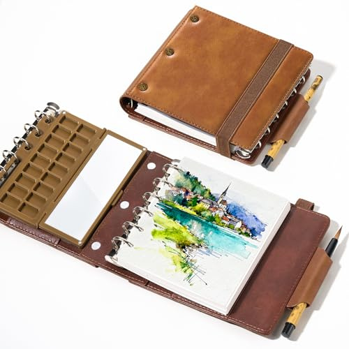 LIGHTWISH Aquarell Skizzenbuch Set – 11×13 cm 100% Baumwolle, kaltgepresst | Reise Wasserbuch mit 20 Blatt (), inkl. Keramikpalette mit Farbnäpfen & Aquarellpinsel – Outdoor Malen, Urban Sketching