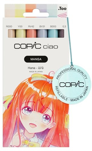 Copic Ciao MANGA Set Hana, Marker Set mit 5 sanften Pastelltönen inkl. 1 Multiliner 0,3 mm in Pink, Twin Marker mit einer mittelbreiten und einer Brush Spitze