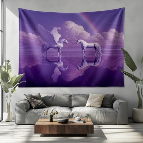Fantasy Einhorn Regenbogen Dekorativer Großes Wandtuch Wandteppich Aesthetic Kein Verblassen WandDeko Lila Wandbehang für Schlafzimmer Wohnzimmer Tapisserie 200x150 cm