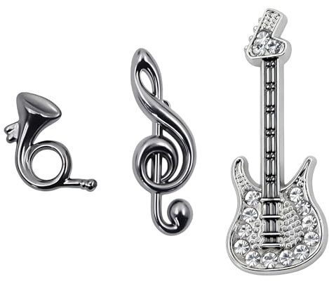 3-teiliges Broschen-Set mit Musikinstrumenten, Gitarre, Horn, Noten, Anstecknadeln, Metall-Anstecker für Damen und Herren, Hemd, Schal, Kleid, Anzug, Tasche, Dekoration, Accessoires, Konzertgeschenk