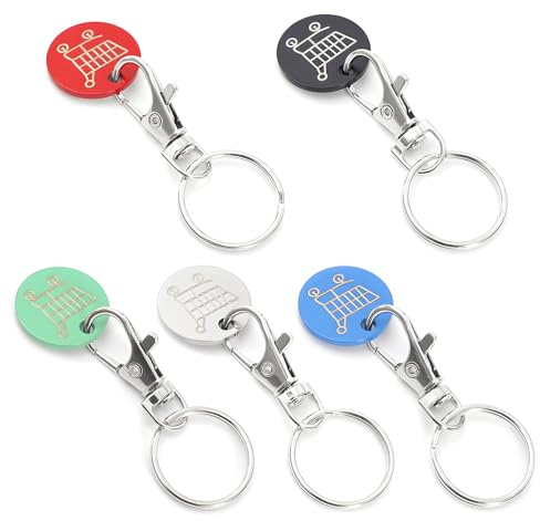 cadelon 5pcs Colorful Trolley Coin Keyrings with Key Clip, Durable Metal Tokens for Shopping Trolleys & Gym Lockers, Say Goodbye to Coins, Perfect for Shoppers & Gym Enthusiasts