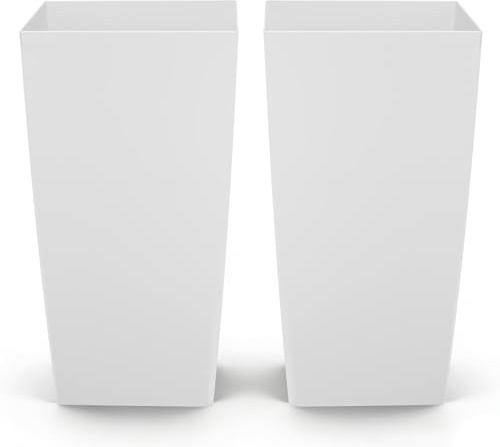 VEVOR Jardinière Haute Lot de 2 Pot de Fleur Haut 75 cm pour Plantes Intérieur Extérieur Entrée Terrasse Jardin, avec Trous Drainage, Roulettes, Style Moderne en Plastique, Forme Carrée Conique, Blanc