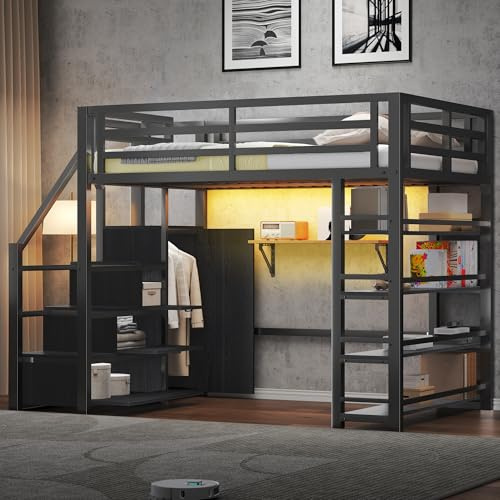 Moimhear Cama alta de metal con escaleras, armario, compartimentos de almacenamiento, iluminación LED, negro, 140 x 200 cm (255 x 145,5 x 170)