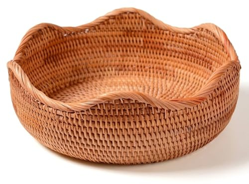 Vassoio Rotondo in Vimini, Cestino in Rattan Intrecciato a Mano, Cestino per il Pane Decorativo Vimini Naturale per Servire con Texture Unica, per Cucina, Decorazioni per tavolini da caffè (S)