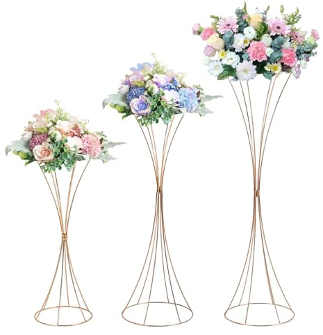 QTREIDG Lot de 3 supports de fleurs dorés en métal - Décoration de mariage - Colonnes de fleurs modernes sur pied - Pour mariage, anniversaire, fête, événement (50 cm, 66 cm, 79 cm)