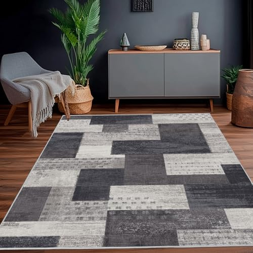 Calinline Moderna alfombra geométrica de patchwork para interior y salón, color antracita, 80 x 150 cm, alfombras grandes, colección de madera roca, decoración para el suelo, decoración para