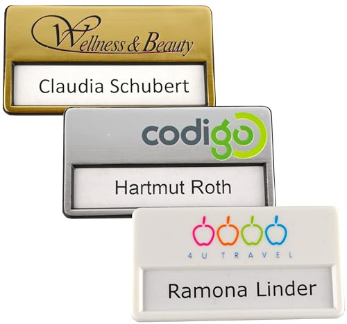 5 Stück Kunststoff Namensschilder mit Magnet, individuellem Logodruck, Farbdruck mit Ihrem Logo, Magnetbefestigung, Name Badge, Namensschild für Kleidung, selbstbeschriftbar (silber)