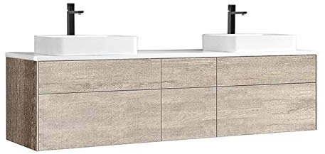 StoneArt Badmöbel Set Mineralguss Waschbecken Waschschale Aufsatzwaschbecken und Unterschrank Waschtisch Einzel- oder Doppelwaschbecken Venice VE-2000pro-5 Eiche hell 200cm