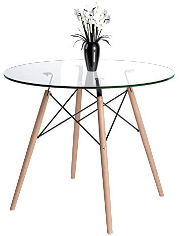 Jooli H Round Dining Table, 90cm Glass Table with Solid Beech Legs for Dining Room Kitchen Office Bistro