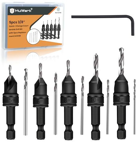 MulWark Bohrer Set, 11-teilig - HSS Senkbohrer Set verstellbar für Holz. Größen #5, #6, #8, #10, #12 - Mit 3/8 Schnellwechsel-Schaft & Aufbewahrungsbox