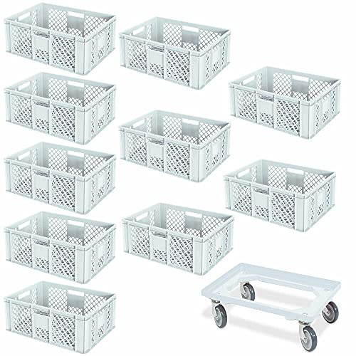 BRB 10 Eurobehälter, LxBxH 600x400x240 mm, lebensmittelecht + 1 Transportroller (weiß/weiß)