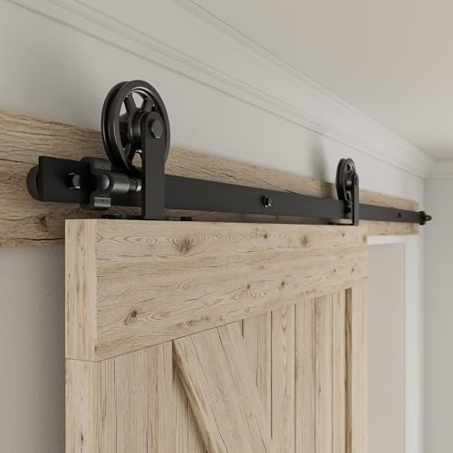 Schiebetürbeschlag 244cm Schiebetüren Schiebetürsystem Komplettset Laufschiene Rollen Set Schwarz für 1 Holztür 122cm Breit, Mittlere Rolle in T-Form