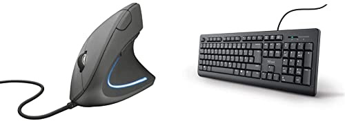 Trust 22885 Verto Vertikale Ergonomische Maus, Schwarz & 24092 Taro Kabelgebundene Tastatur - Deutsches QWERTZ Layout, Leise Tasten, Spritzwassergeschützt, USB-Anschluss, 1.8 m Kabellänge - Schwarz