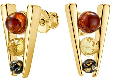 Copal Damen Ohrstecker Mit Echtem Bernstein Und 925 Silber Gold Beschichtet Bunt Runde Form