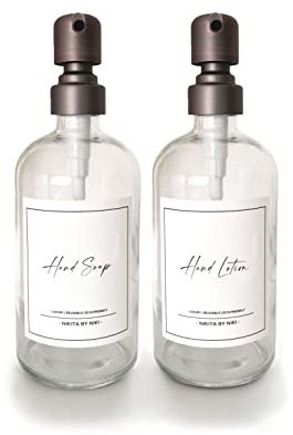 Clear Glass Soap Dispensers - Silver Stainless Steel Pump - Hand Soap and Lotion Dispenser Set - Glass Kitchen Soap Dispenser Set - 500ml - Bathroom Soap Dispensers - Waterproof Labels