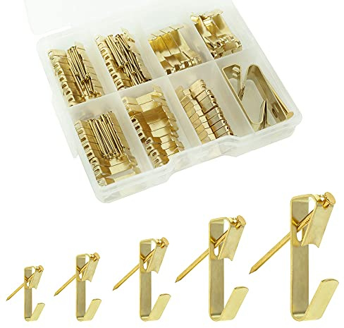 Picture Hanging Kit ， 10-100lbs Heavy Duty Picture Hangers ，140pcs Golden Picture Hanging Hooks，Picture Hooks Hardware for Picture Frame, Painting，Portraits , Mirror