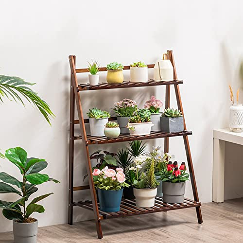 LIGUOYI Blumentreppe Aus Bambus, Blumenregal Klappbar - 3-stufiges Pflanzgefäß-Display-Regal - Pflanzentreppe Dekorativer Blumentopfständer 4 Farben Für Indoor, Outdoor, Garten, Balkon