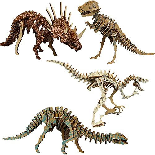 Barnens pussel dinosaurie 3D-pusselbox träpusselpussel - 4 stycken dinosaurier trä pysselset för barn, 3D-pussel trä för målning och pyssel, gör-det-själv gör-det-själv pysselset från 3-4 5 6 år