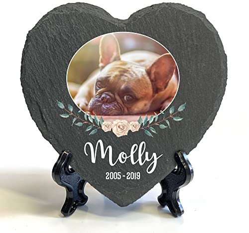 Individueller Personalisiert Groß Herzform Tiergrabstein Schiefer Gedenkstein + Ständer für Hund, Katze und andere Haustiere Tiere - Größe | 25 x 25 cm | - Blumenrahmen-Foto