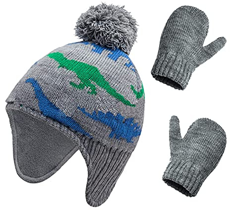 LONTG Kids Winter Beanie Hat and Gloves Set Toddler Warm Knitted Bobble Hat Thermal Fleece Pom Pom Hat Earflaps Cute Children Dinosaur Beanie Cap and Mittens Set for Boys Girls 3-5 Years Old