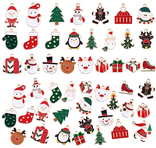 COGCHARGER 50 Stück Weihnachtsanhänger, Weihnachtsmannmütze, Schneeflocken-Anhänger, Emaille, Charms für Schmuck, Ohrringe, Geschenke, Urlaubsdekoration