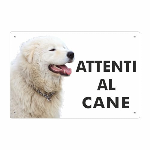 Pubblimania Cartello Attenti al Cane Pastore Maremmano - Targa Segnaletica in Alluminio composito 3 mm di spessore - Resistente alle Intemperie e ai Raggi UV - Fori Pre-perforati (Cm 20x15)