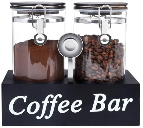 WYTAOHZL 2PCS Glass Coffee Containers with Shelf 54 oz Coffee Station Organizer Glass Bean Storage with Spoon Canister Set Jars with Airtight Locking Clamp for Bean Sugar Nuts