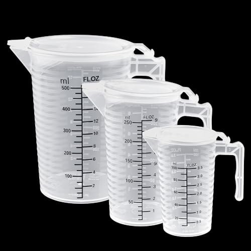 LIMITADA 3 vasos medidores de plástico, 100 ml, 250 ml, 500 ml, pequeños, con escala, tapa y asa, resistentes al calor, para cocina, laboratorio, detergente (negro)