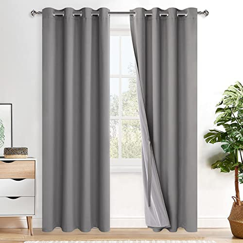 XWZO 100% Blickdicht Vorhänge, Doppellagige Dicker Verdunklungsvorhänge mit Ösen, Schallschutz Thermovorhänge 2er Set Schlafzimmer Gardinen, Blackout Curtain, 245x140 cm(HöhexBreite), Grau
