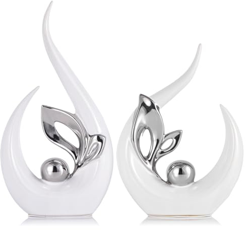 Keramiska statyer för heminredning, abstrakt konst, modern inredning i mitten av århundradet, eleganta mittdekorationer för bord, skulptur för entrén, bokhylla (Vit Silver)