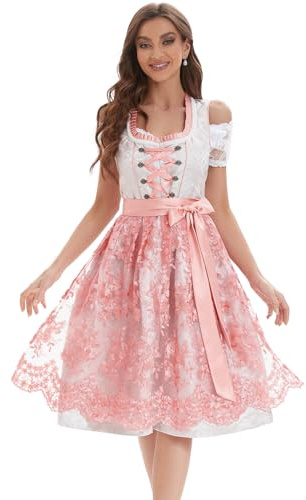 Dirndl Klänningar Bayerska Klänningar Traditionella Oktoberfestkläder kvinnor (3-delat set) tyska kostymer för Oktoberfest kvinnor karneval (38, rosa)