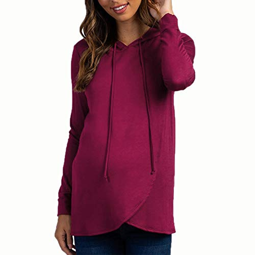 SISAY Mammakläder för kvinnor långärmad amningstoppar elegant omlott främre blus asymmetrisk huvtröja enfärgad t-shirt med huva pullover tunika topp graviditet skjortor amningskläder, Röd, L