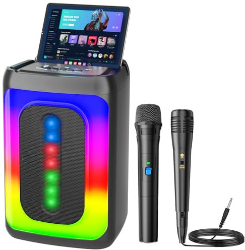 Ankuka Machine Karaoké avec 2 Microphones, Enceinte Portable Bluetooth avec Lumières LED, TF/USB, FM, AUX, TWS, pour Les fêtes et Les Adultes, Cadeau pour Les Amis et la Famille, (Noir)