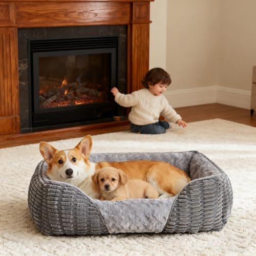 Heymamba Kleines Hundebett, Waschbar Hundekörbchen Cord Hunde-/Katzenbett, Kleines Haustiersofa mit Atmungsaktivem und Hautfreundlichem Rosensamt, 53x50x17cm