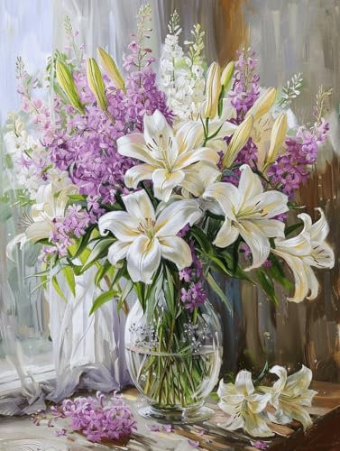 Kitquiver 5D Diamond Painting Bilder Flieder Und Lilien In Einer Vase. 5D-Diamantkunst-Set Zum Selbermachen, Rund, Vollbohrer, Diamantkunstbild, Kristallkunst Für Die Wanddekoration Zu Hause. 40x50cm