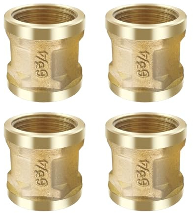 Hevysuo 4 Pcs Manguito de laton 3/4 Pulgadas,Manguito con rosca interior,Accesorios de latón conector doble para conexión de tubería,Dorado
