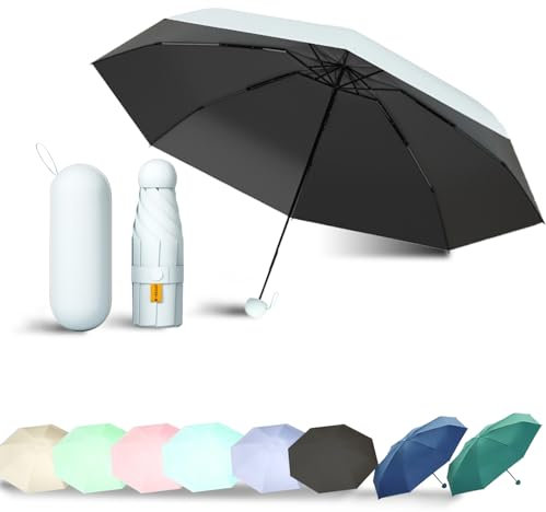 EEPLUYTY Mini Parapluie Six Os, Manuel Compact Résistant Au Vent, Pliant, Ensoleillé, Protection UV, Pratique Et Portable (Avec Coque)-Blanc Clair