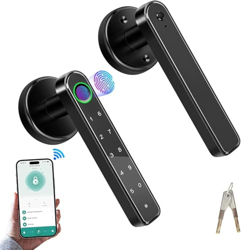 Rynli Smart Door Lock 4-in-1 Electronic Fingerprint Door Handle with Digital Auto-Lock, App Smart Lock, Keyboard Password, for Front Door, Bedroom, Home, Office